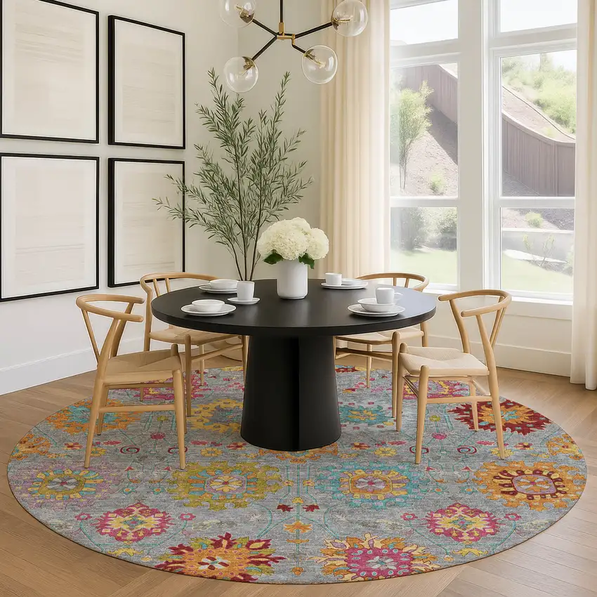 8' Gray Gold And Pink Round Damask Washable Indoor Outdoor Area Rug Photo 9