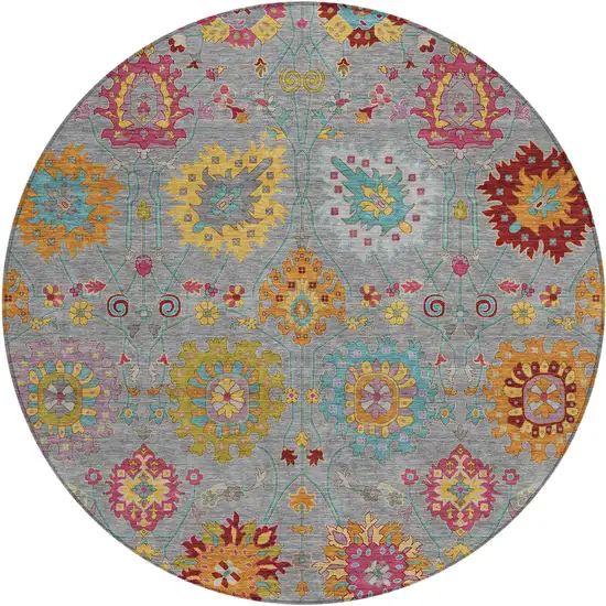 8' Gray Gold And Pink Round Damask Washable Indoor Outdoor Area Rug Photo 2