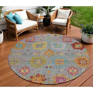 Photo of 8' Gray Gold And Pink Round Damask Washable Indoor Outdoor Area Rug
