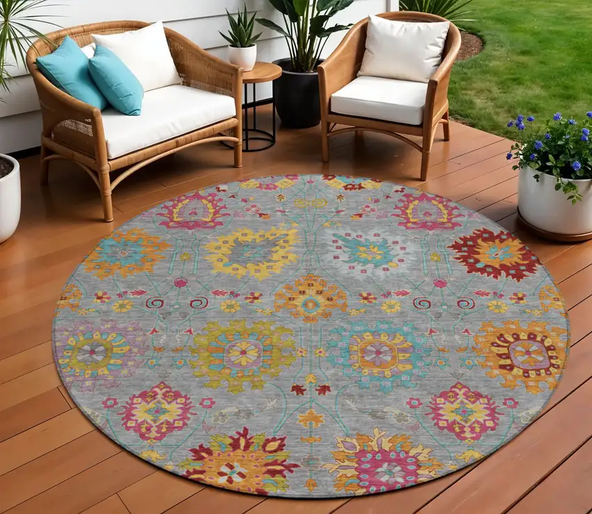 8' Gray Gold And Pink Round Damask Washable Indoor Outdoor Area Rug Photo 1