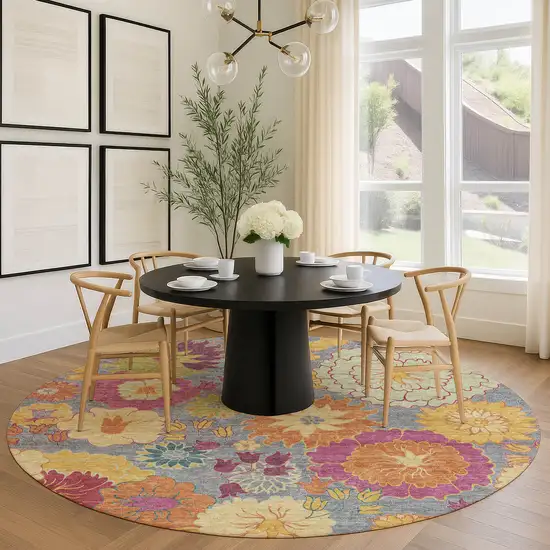 8' Gray Gold And Pink Round Floral Washable Indoor Outdoor Area Rug Photo 9