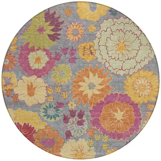8' Gray Gold And Pink Round Floral Washable Indoor Outdoor Area Rug Photo 4