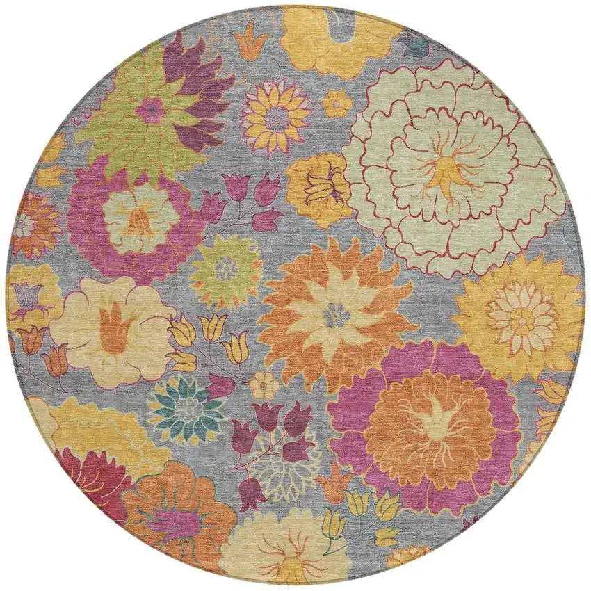 8' Gray Gold And Pink Round Floral Washable Indoor Outdoor Area Rug Photo 4