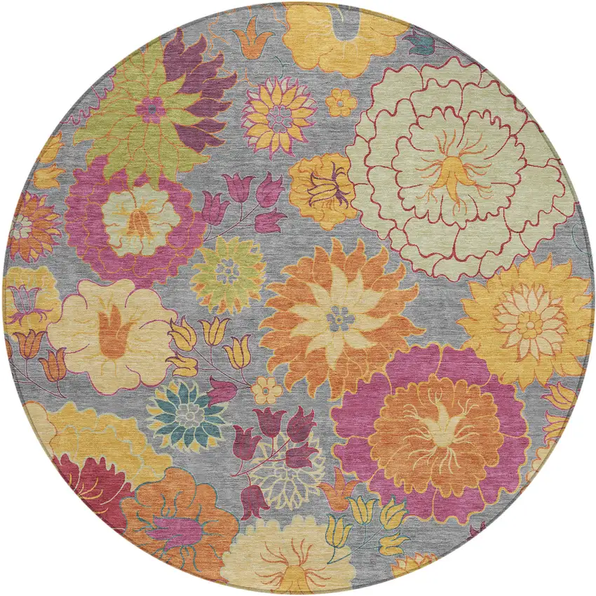 8' Gray Gold And Pink Round Floral Washable Indoor Outdoor Area Rug Photo 2