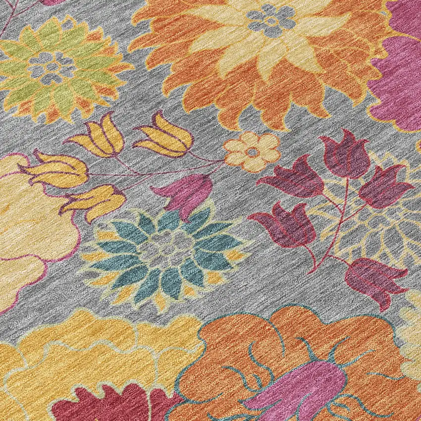 8' Gray Gold And Pink Round Floral Washable Indoor Outdoor Area Rug Photo 8