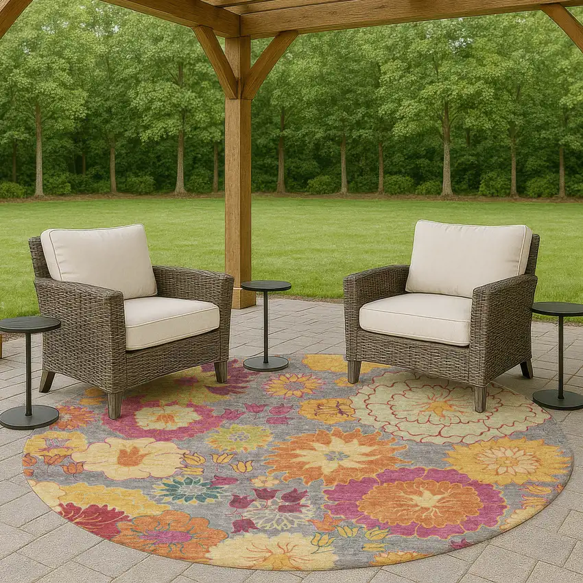 8' Gray Gold And Pink Round Floral Washable Indoor Outdoor Area Rug Photo 9