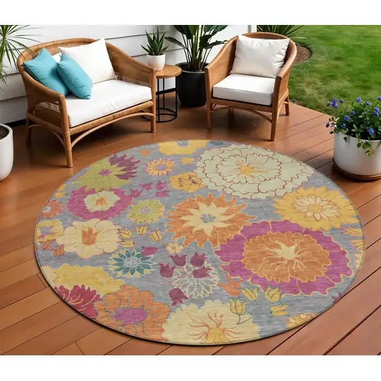 8' Gray Gold And Pink Round Floral Washable Indoor Outdoor Area Rug Photo 1