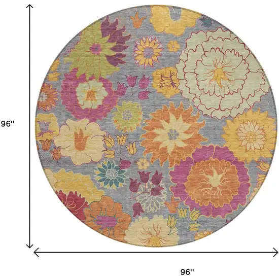8' Gray Gold And Pink Round Floral Washable Indoor Outdoor Area Rug Photo 3