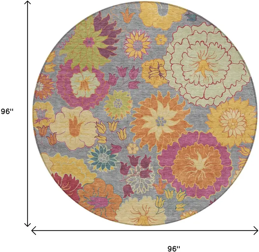 8' Gray Gold And Pink Round Floral Washable Indoor Outdoor Area Rug Photo 3