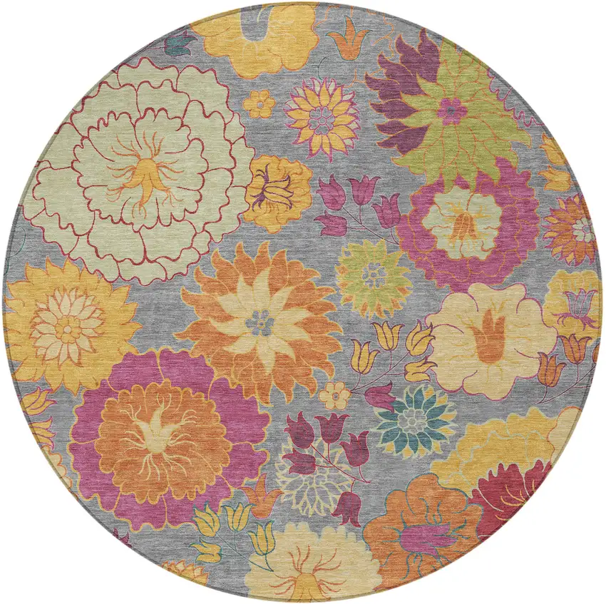 8' Gray Gold And Pink Round Floral Washable Indoor Outdoor Area Rug Photo 5