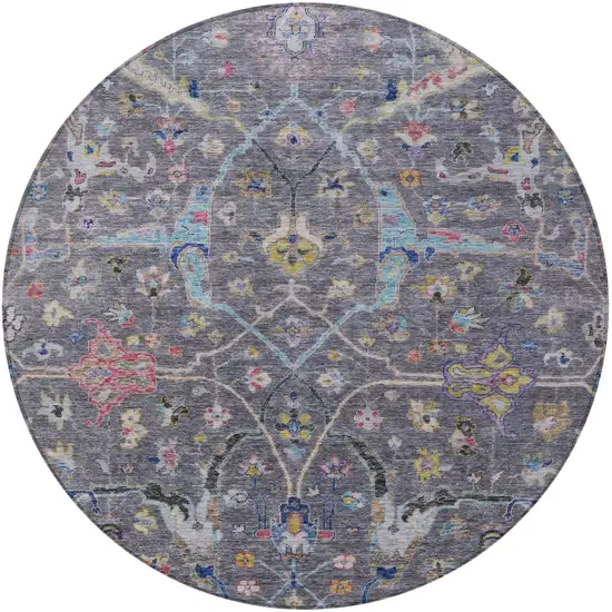 8' Gray Gold And Red Round Floral Washable Indoor Outdoor Area Rug Photo 5