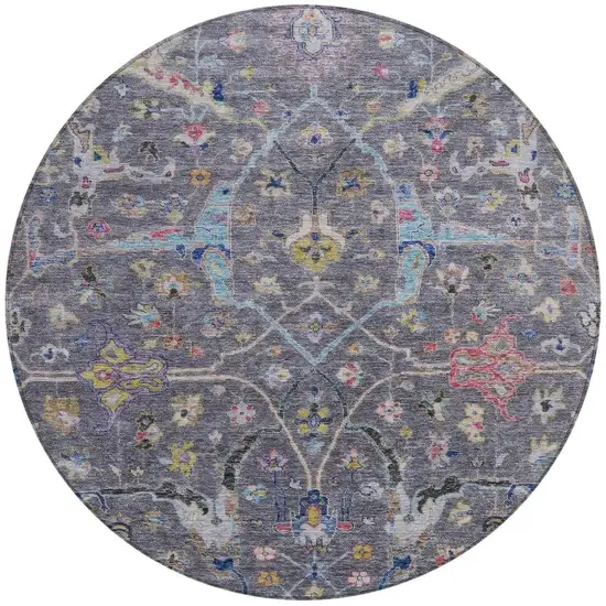 8' Gray Gold And Red Round Floral Washable Indoor Outdoor Area Rug Photo 4
