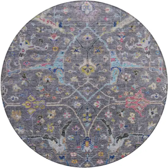 8' Gray Gold And Red Round Floral Washable Indoor Outdoor Area Rug Photo 2