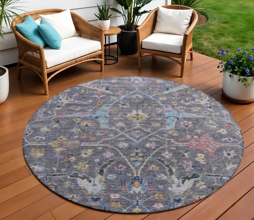8' Gray Gold And Red Round Floral Washable Indoor Outdoor Area Rug Photo 1