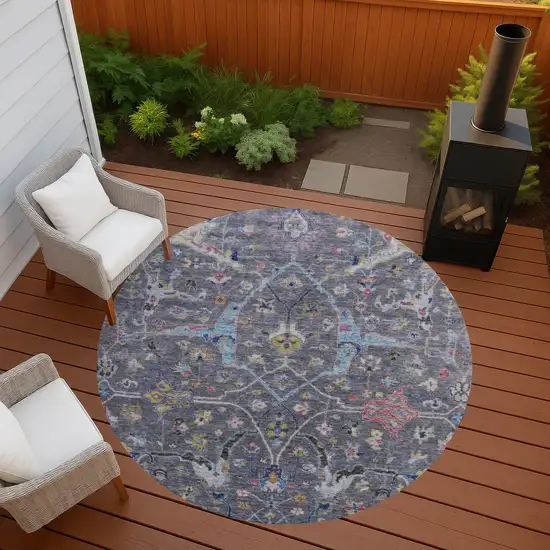 8' Gray Gold And Red Round Floral Washable Indoor Outdoor Area Rug Photo 8