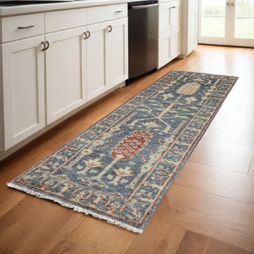 8' Gray and Ivory Wool Floral Hand Knotted Runner Rug With Fringe Photo 1