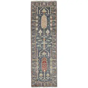 Photo of 8' Gray Gold And Red Wool Floral Hand Knotted Stain Resistant Runner Rug With Fringe
