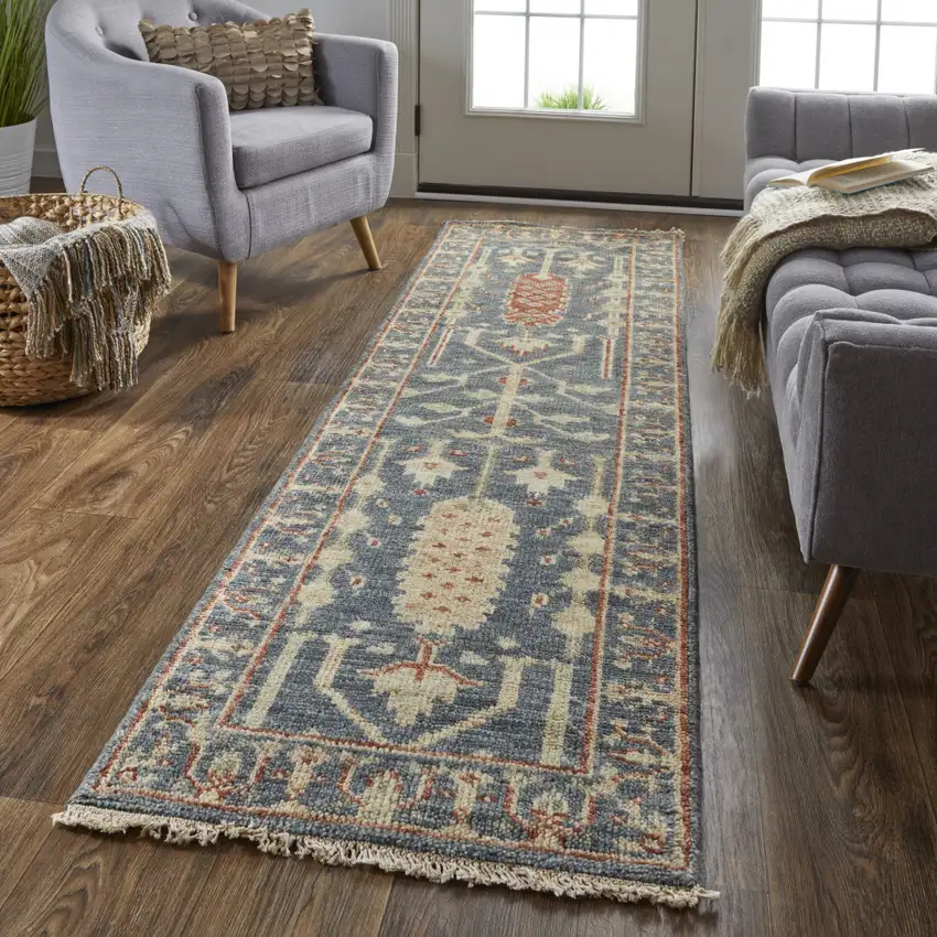 8' Gray Gold And Red Wool Floral Hand Knotted Stain Resistant Runner Rug With Fringe Photo 4