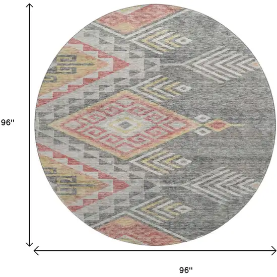 8' Gray Gold And Salmon Geometric Washable Round Rug With UV Protection Photo 9