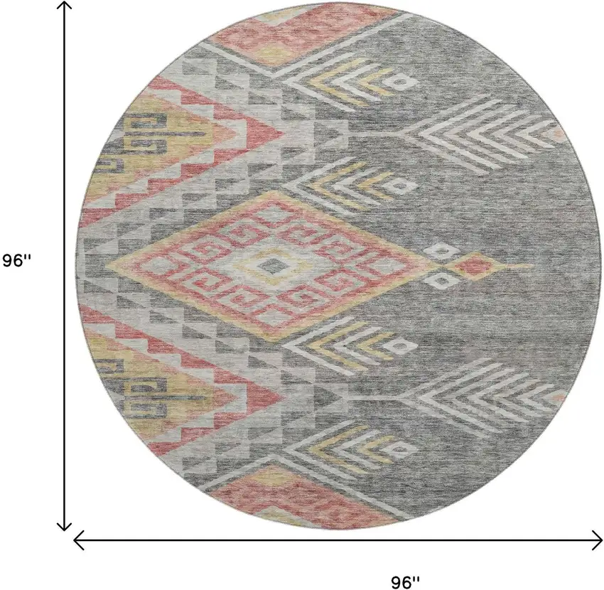 8' Gray Gold And Salmon Geometric Washable Round Rug With UV Protection Photo 9