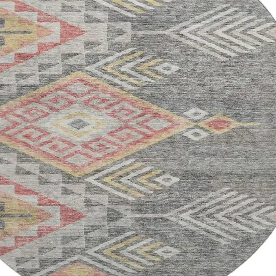 8' Gray Gold And Salmon Geometric Washable Round Rug With UV Protection Photo 2