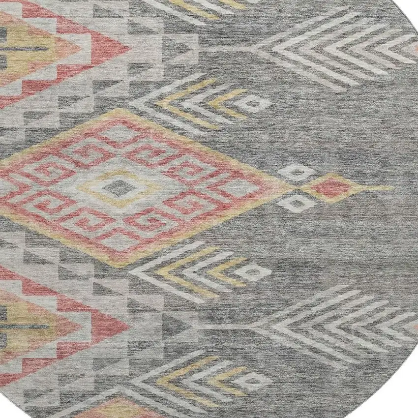 8' Gray Gold And Salmon Geometric Washable Round Rug With UV Protection Photo 2