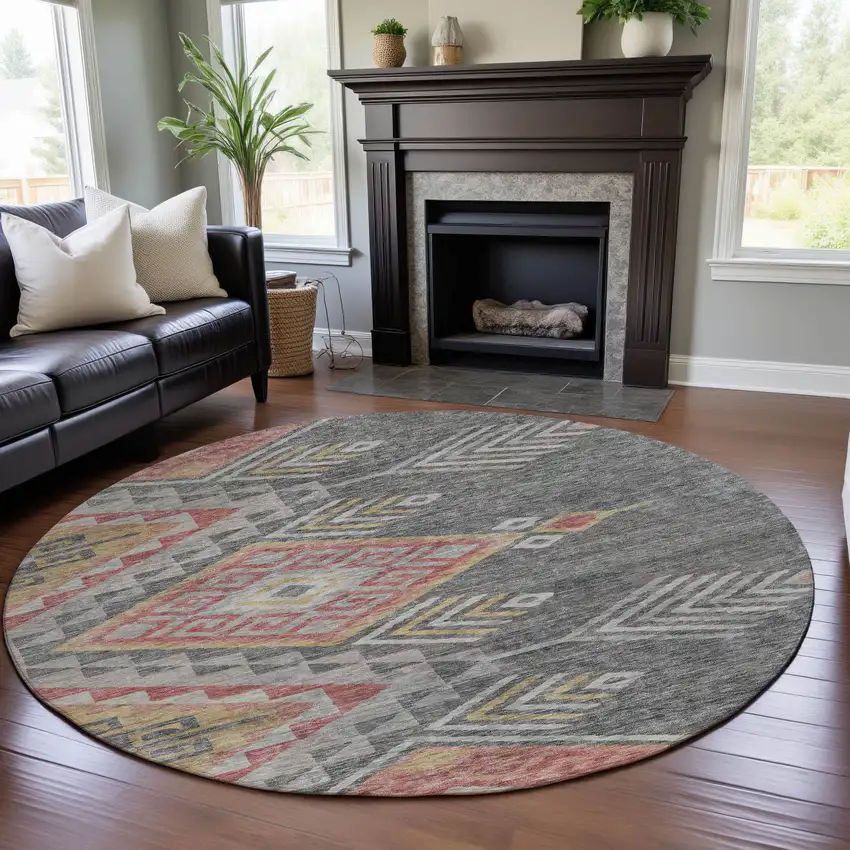8' Gray Gold And Salmon Geometric Washable Round Rug With UV Protection Photo 4