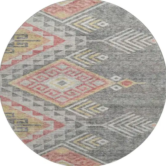 8' Gray Gold And Salmon Geometric Washable Round Rug With UV Protection Photo 3