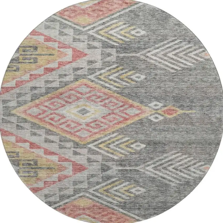 8' Gray Gold And Salmon Geometric Washable Round Rug With UV Protection Photo 3