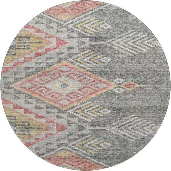8' Gray Gold And Salmon Geometric Washable Round Rug With UV Protection Photo 1