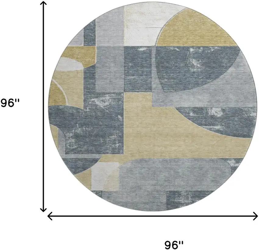 8' Gray Gold And Silver Abstract Geometric Washable Round Rug With UV Protection Photo 9