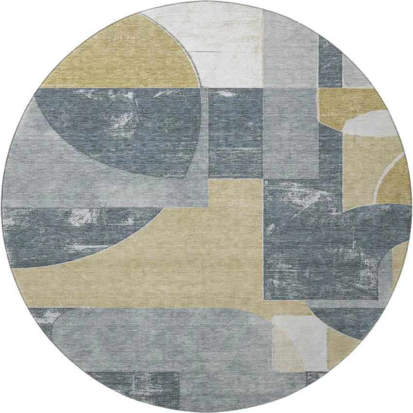8' Gray Gold And Silver Abstract Geometric Washable Round Rug With UV Protection Photo 3