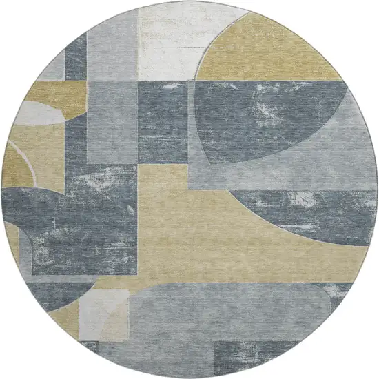 8' Gray Gold And Silver Abstract Geometric Washable Round Rug With UV Protection Photo 1