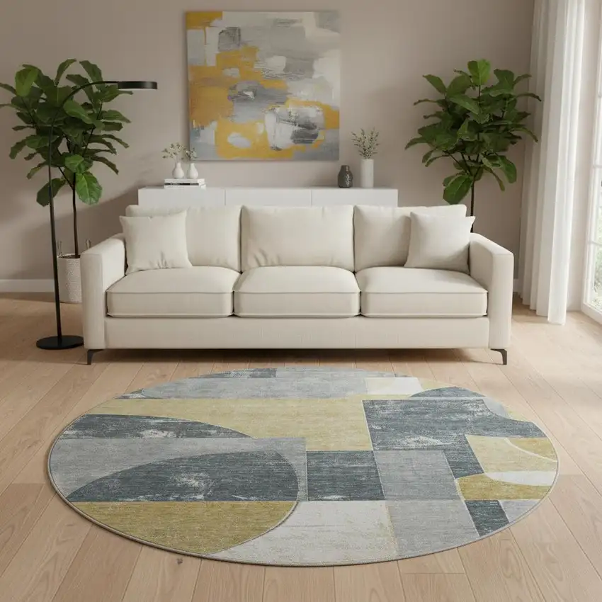 8' Gray Gold And Silver Abstract Geometric Washable Round Rug With UV Protection Photo 2
