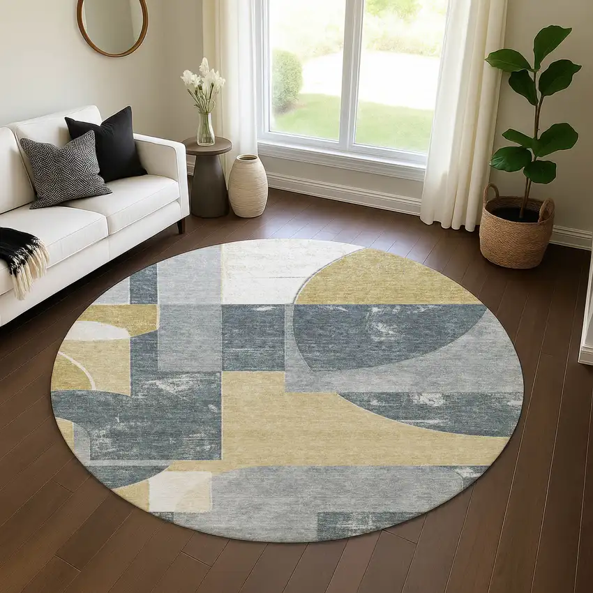 8' Gray Gold And Silver Abstract Geometric Washable Round Rug With UV Protection Photo 4