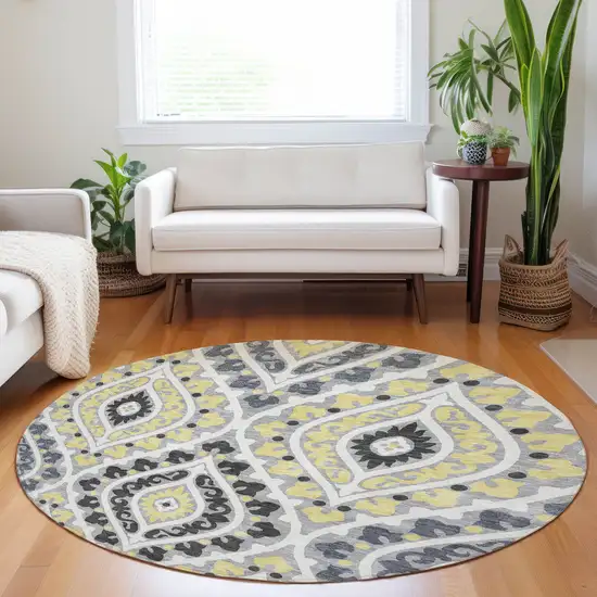 8' Gray Gold And Silver Diamond Washable Round Rug With UV Protection Photo 5