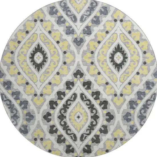 8' Gray Gold And Silver Diamond Washable Round Rug With UV Protection Photo 3