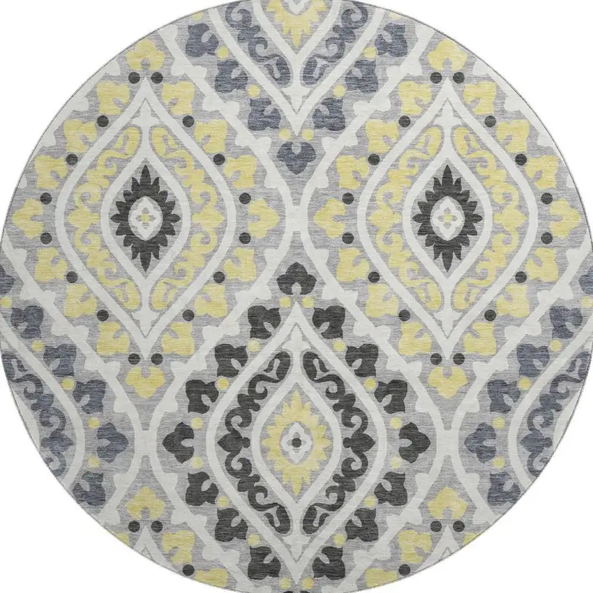 8' Gray Gold And Silver Diamond Washable Round Rug With UV Protection Photo 3