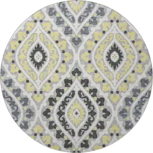 Photo of 8' Gray Gold And Silver Diamond Washable Round Rug With UV Protection