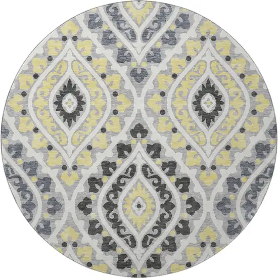 8' Gray Gold And Silver Diamond Washable Round Rug With UV Protection Photo 4