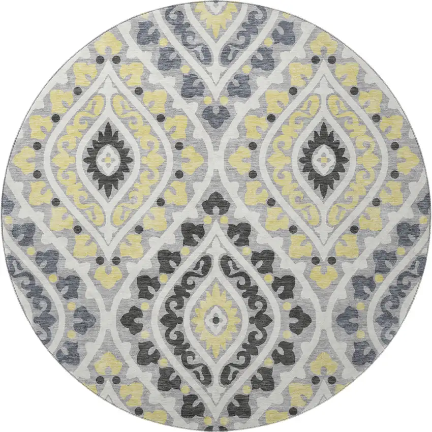 8' Gray Gold And Silver Diamond Washable Round Rug With UV Protection Photo 4
