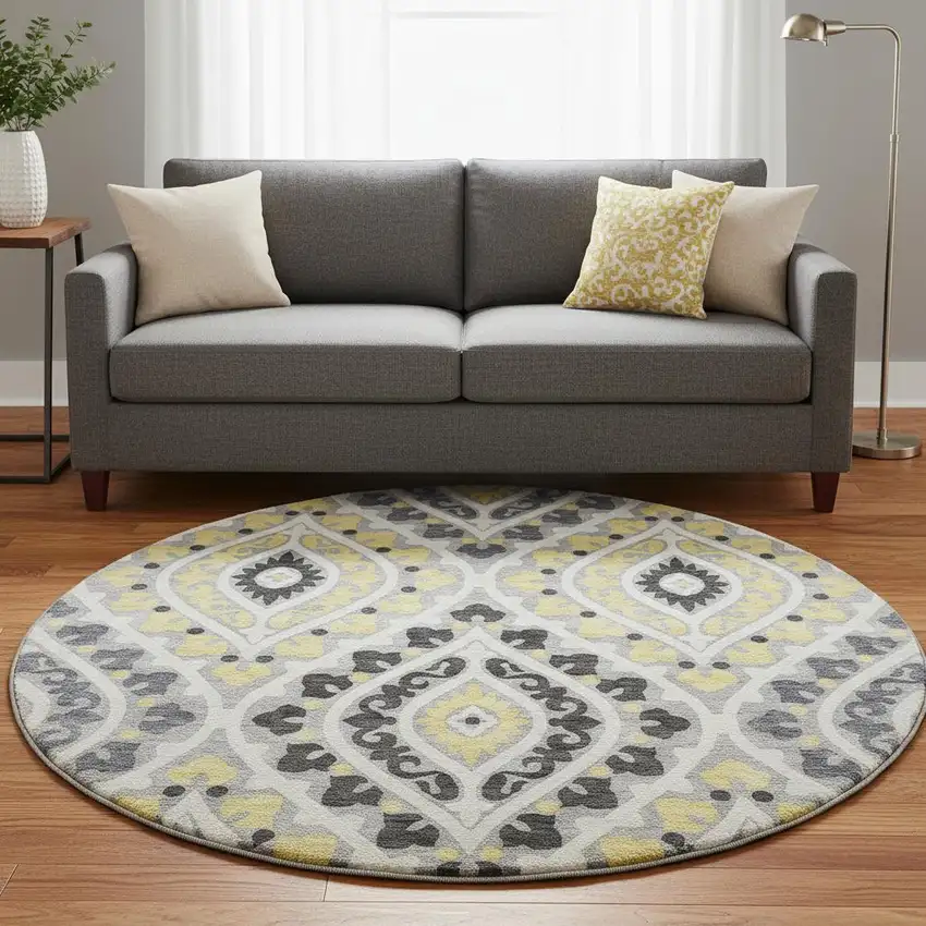 8' Gray Gold And Silver Diamond Washable Round Rug With UV Protection Photo 2