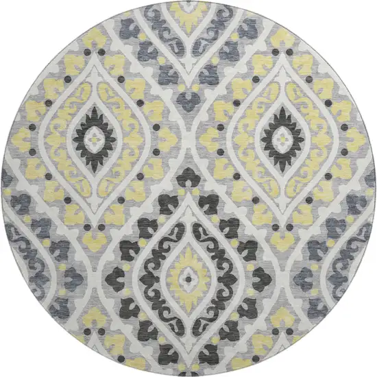 8' Gray Gold And Silver Diamond Washable Round Rug With UV Protection Photo 1