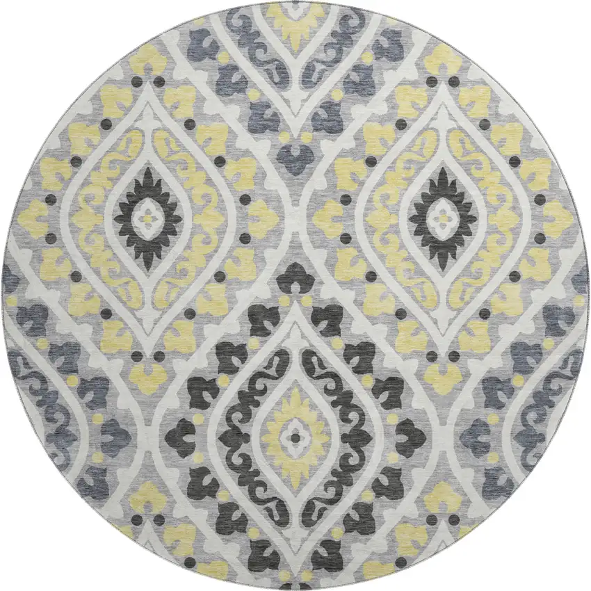 8' Gray Gold And Silver Diamond Washable Round Rug With UV Protection Photo 1