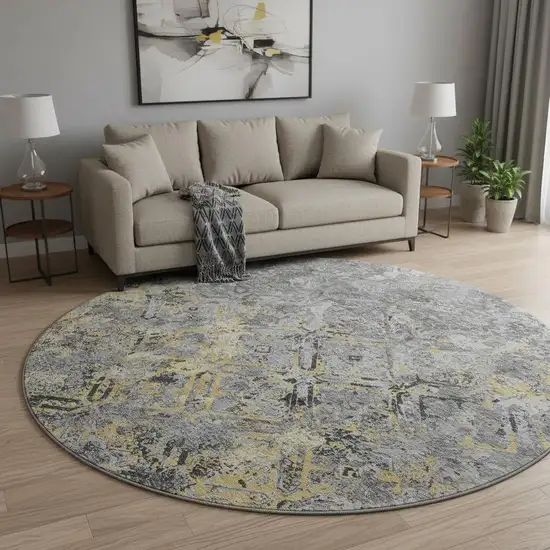 8' Gray Gold And Silver Diamond Washable Round Rug With UV Protection Photo 2