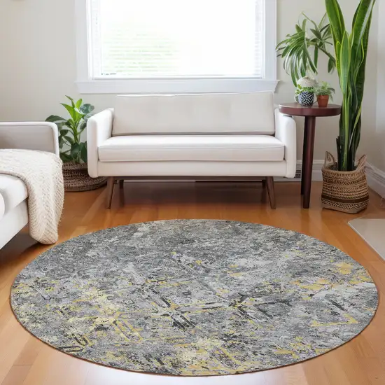 8' Gray Gold And Silver Diamond Washable Round Rug With UV Protection Photo 5