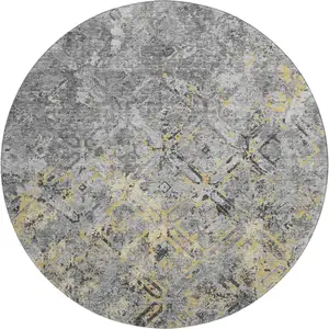 Photo of 8' Gray Gold And Silver Diamond Washable Round Rug With UV Protection