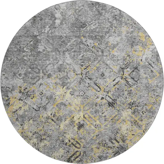 8' Gray Gold And Silver Diamond Washable Round Rug With UV Protection Photo 1