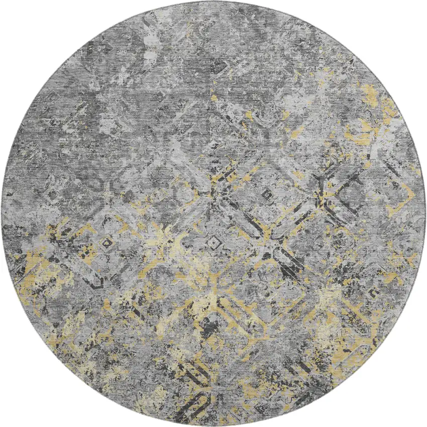 8' Gray Gold And Silver Diamond Washable Round Rug With UV Protection Photo 1