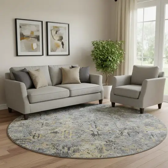 8' Gray Gold And Silver Diamond Washable Round Rug With UV Protection Photo 1